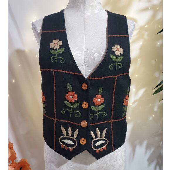 BAD Vtg Felted Wool Embroidered Wood Button Folk Waistcoat Vest Womens Size S - Picture 1 of 9